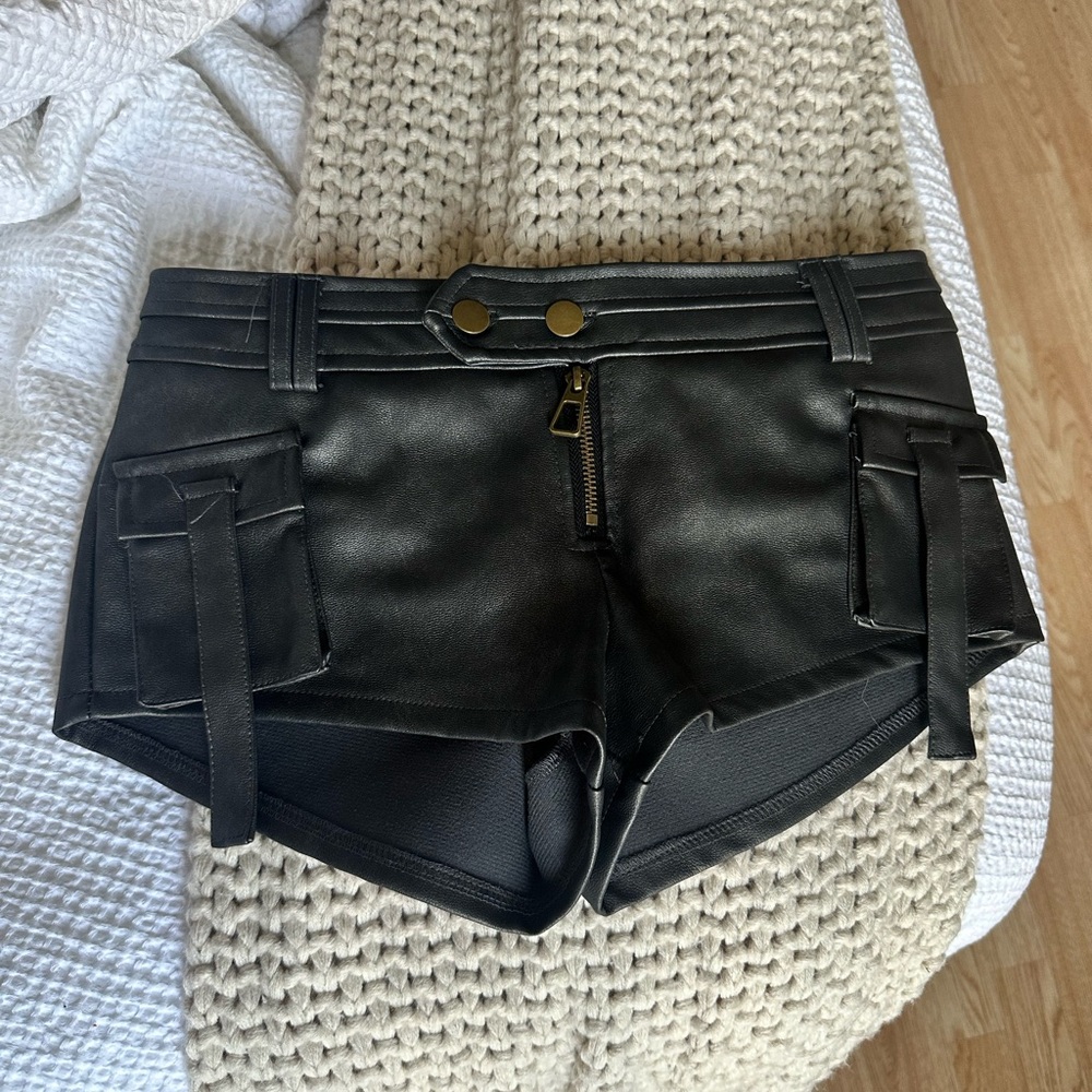 Edikted Washed Faux Leather Micro Cargo Shorts